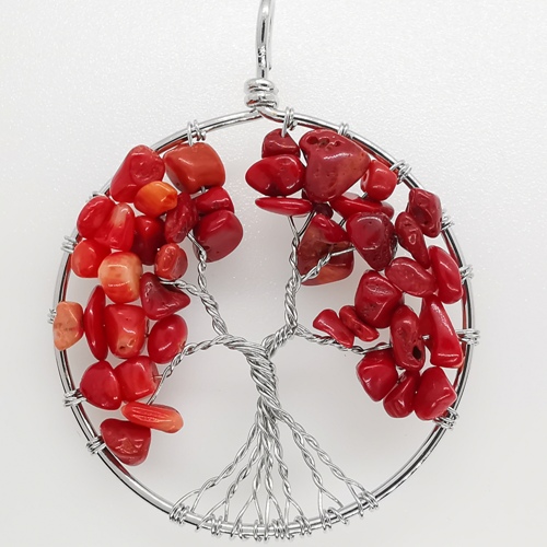 49mm Natural Gemstone Tree of Life Pendant/Charms - Red Coral