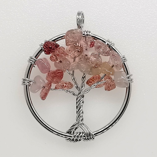 29mm Natural Gemstone Tree of Life Pendant/Charms - Rose Quartz
