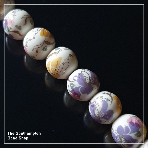 Ceramic Beads 12mm Round White and Gold Roses (10pcs) www