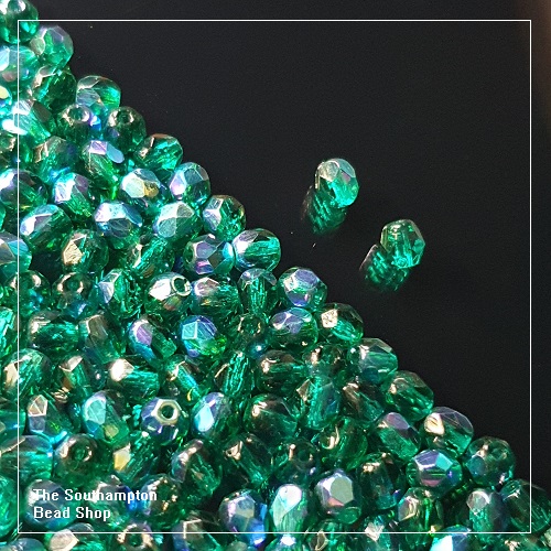 Preciosa Fire Polished Beads 4mm - Emerald AB