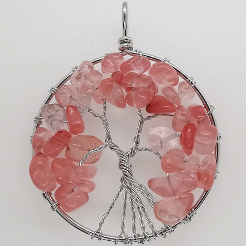 49mm Natural Gemstone Tree of Life Pendant/Charms - Rose Quartz