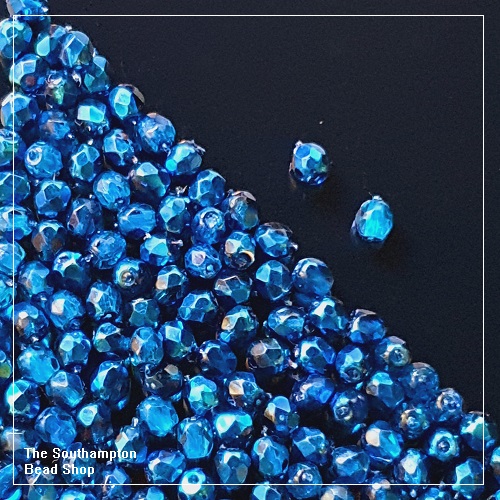 Preciosa Fire Polished Beads 4mm - Crystal Aqua Metallic Ice