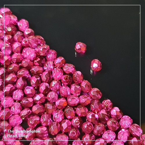 Preciosa Fire Polished Beads 4mm - Crystal Hot Pink Metallic Ice