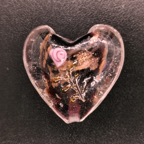Lampwork & Foil Glass Beads - Amethyst 28mm Heart with Rose