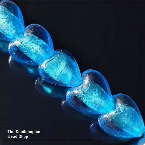 Lampwork & Foil Glass Beads - Blue 20mm Heart (12pcs)
